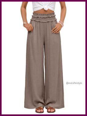 Wide Leg Palazzo Pants High Waisted Smocked Ruffle Flowy Work Pant